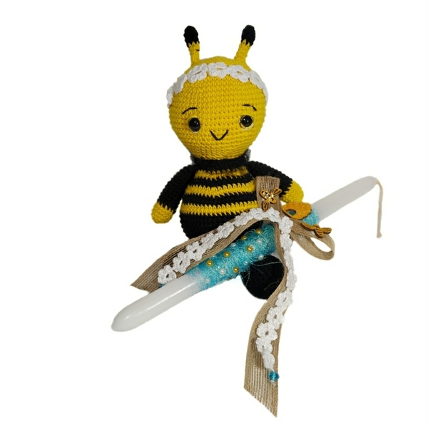 Πασχαλινό σετ δώρου λαμπάδα με χειροποίητο πλεκτό μελισσάκι - κορίτσι, λαμπάδες, λούτρινα, για παιδιά, παιχνιδολαμπάδες - 2