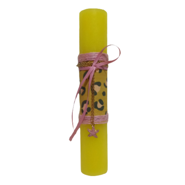 Λαμπάδα αρωματική στρογγυλή κίτρινη με μενταγιόν αστερία ροζ (20χ3,5 εκ.) - κορίτσι, λαμπάδες, για ενήλικες, για εφήβους - 3