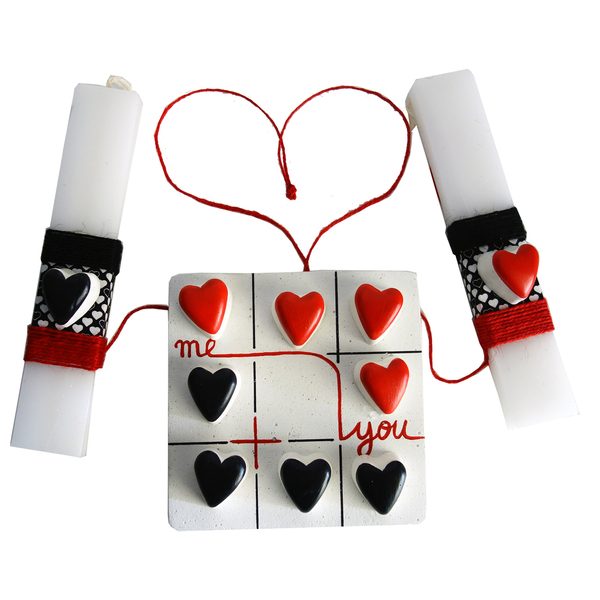 Λαμπάδα ΤΡΙΛΙΖΑ " ME + YOU " λευκό - ζωγραφισμένα στο χέρι, καρδιά, λαμπάδες, ζευγάρια, τρίλιζα