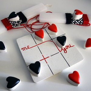 Λαμπάδα ΤΡΙΛΙΖΑ " ME + YOU " λευκό - ζωγραφισμένα στο χέρι, καρδιά, λαμπάδες, ζευγάρια, τρίλιζα - 5
