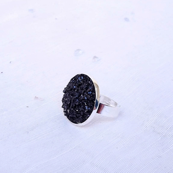 Δαχτυλίδι με μπλε ή μαυρες πέτρες γκλίττερ - ατσάλι, boho, αυξομειούμενα - 4