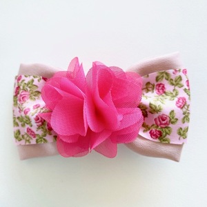 Φιόγκος Flower satin - ροζ σατέν ύφασμα & φούξια σιφόν λουλούδι - ύφασμα, φιόγκος, λουλούδια, hair clips
