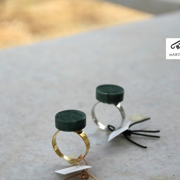 Δαχτυλίδι κύκλος πράσινο από Ελληνικό μάρμαρο και ατσάλι - επιχρυσωμένα, γεωμετρικά σχέδια, χειροποίητα, ατσάλι, αυξομειούμενα - 2