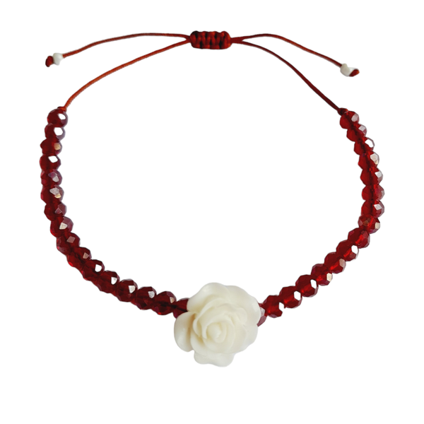 Βραχιόλι με κρυσταλακια μπορντό κ άσπρο τριαντάφυλλο - μακραμέ, χάντρες, μαμά και κόρη, χεριού, αυξομειούμενα - 4