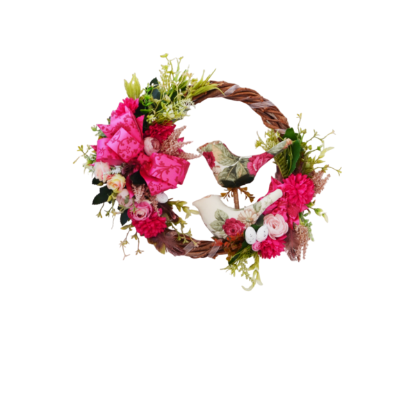 Πασχαλινό στεφάνι με πουλιά και λουλούδια σε φούξια χρώμα 35 εκατοστά - λουλούδια, διακοσμητικά