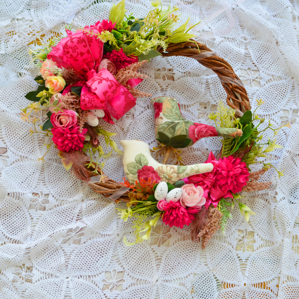 Πασχαλινό στεφάνι με πουλιά και λουλούδια σε φούξια χρώμα 35 εκατοστά - λουλούδια, διακοσμητικά - 3