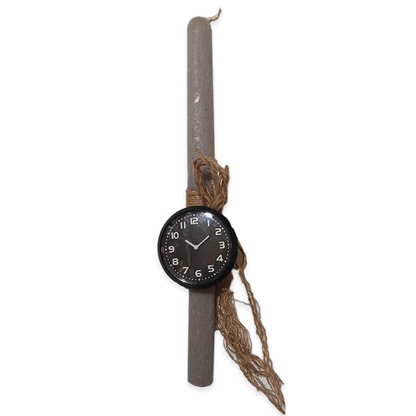 Αρωματική Χειροποίητη Πλακέ Γκρι Λαμπάδα με Ρολογάκι Μαγνήτης 35 εκ. - ρολόι, λαμπάδες, για ενήλικες, για εφήβους