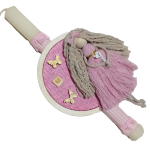 Λαμπάδα οβάλ εκρού αρωματική ( 33 εκ. ) με προσωποποιημένο τελάρο- καδράκι με μακραμέ κοριτσάκι σε ρόζ χρώμα - κορίτσι, λαμπάδες, μονογράμματα, για παιδιά, για μωρά - 3