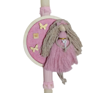 Λαμπάδα οβάλ εκρού αρωματική ( 33 εκ. ) με προσωποποιημένο τελάρο- καδράκι με μακραμέ κοριτσάκι σε ρόζ χρώμα - κορίτσι, λαμπάδες, μονογράμματα, για παιδιά, για μωρά - 4