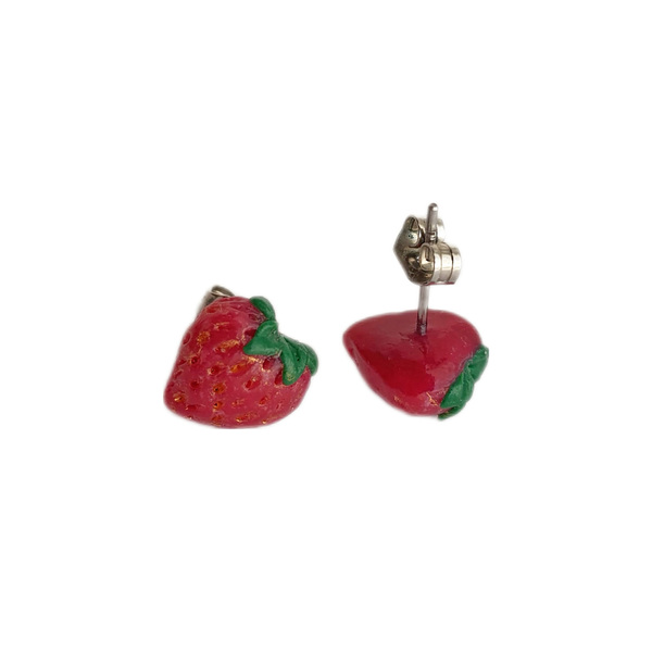 Καρφωτά σκουλαρίκια φραουλίτσες - πηλός, καρφωτά, μικρά, ατσάλι, καρφάκι - 4