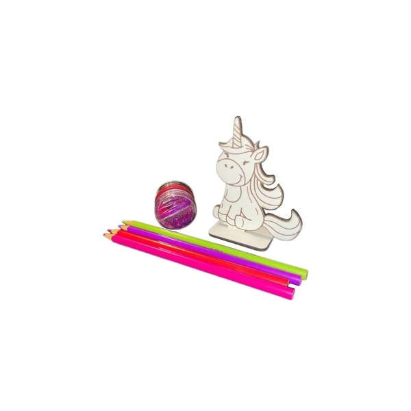 Ξύλινη φιγούρα μονόκερος-unicorn με μπογιές και γκλίτερ - μονόκερος, μπομπονιέρα βάφτισης, ξύλινα παιχνίδια