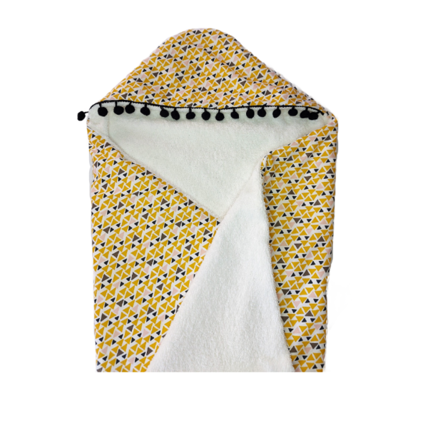 Μπουρνούζι κάπα σε κίτρινο κ λευκό χρώμα κ λεπτομέρειες με μαύρα πον πον - κορίτσι, αγόρι, πετσέτες