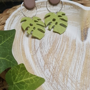 "Leaves Upon Leaves" I Χειροποίητα μοντέρνα κρεμαστά σκουλαρίκια από πολυμερικό πηλό 8,5cm - χρώμα πράσινο / καφέ - πηλός, κρεμαστά, μεγάλα, καρφάκι, φθηνά - 2