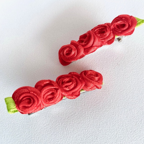 Σετ clips μαλλιών με κόκκινα λουλουδάκια σατέν - κορίτσι, λουλούδια, αξεσουάρ μαλλιών