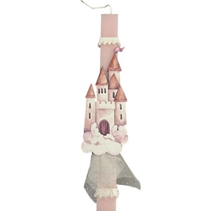 Λαμπάδα αρωματική ροζ με πριγκηπικό κάστρο και τούλι, 32 εκ. - κορίτσι, λαμπάδες, για παιδιά, πριγκίπισσες