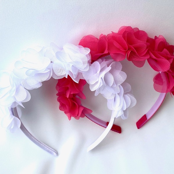 Στέκα Flower Girl - με σιφόν λουλούδια σε λευκό & φούξια - αξεσουάρ μαλλιών, headbands, ανοιξιάτικα λουλούδια - 3