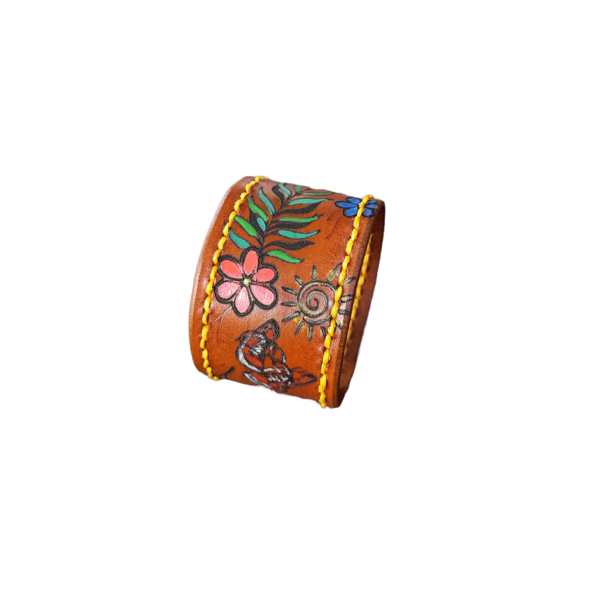 Φαρδύ Έθνικ Γυναικείο Δερμάτινο Βραχιόλι φλοράλ, 20Χ4εκ - δέρμα, λουλούδι, boho, αυξομειούμενα, φαρδιά