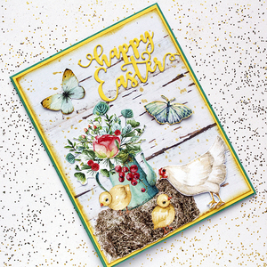 Πασχαλινή ευχετήρια κάρτα με λουλούδια, κοτούλες και πεταλούδες - πάσχα, ευχετήριες κάρτες - 4