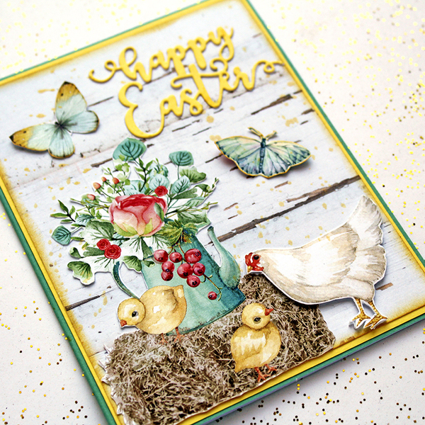 Πασχαλινή ευχετήρια κάρτα με λουλούδια, κοτούλες και πεταλούδες - πάσχα, ευχετήριες κάρτες - 5