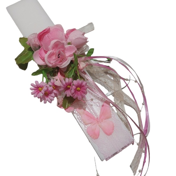 Πασχαλινή λαμπάδα λευκη πλακε 25εκ με ροζ τριανταφυλλα - κορίτσι, λουλούδια, λαμπάδες, για παιδιά, για εφήβους