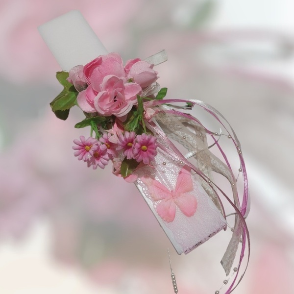 Πασχαλινή λαμπάδα λευκη πλακε 25εκ με ροζ τριανταφυλλα - κορίτσι, λουλούδια, λαμπάδες, για παιδιά, για εφήβους - 2