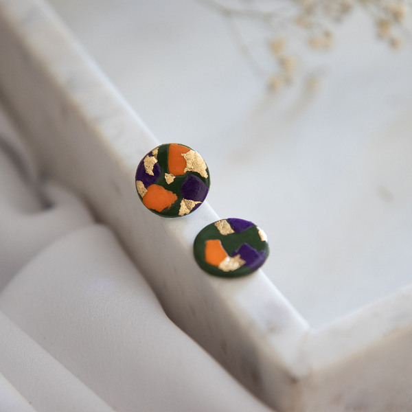 Καρφωτά σκουλαρίκια από πολυμερικό πηλό πολύχρωμα με φύλλα χρυσού - πηλός, καρφωτά, καρφάκι - 3