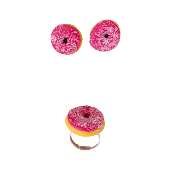Σετ δαχτυλίδι και καρφωτά σκουλαρίκια donut με γλάσο φράουλα / μεσαία / ατσάλι / Twice Treasured - πηλός, cute, καρφωτά, γλυκά, σετ κοσμημάτων