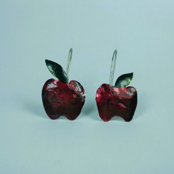 Σκουλαρίκια σφυρήλατα κόκκινα μήλα - ορείχαλκος, δώρο, μικρά, κρεμαστά - 3