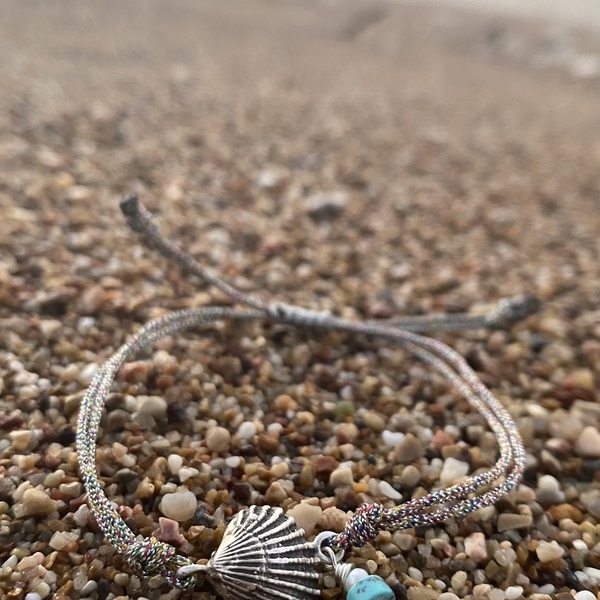 Seashell bracelet, βραχιόλι από μεταλλική κλωστή και ασημένιο κοχύλι - charms, ασήμι 925, κοχύλι, χεριού, αυξομειούμενα