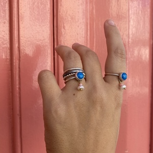 Blue agate ring, χειροποίητο δαχτυλίδι από ασήμι, μπλε αχάτη, μαργαριταράκι και ροζ κοράλι - ημιπολύτιμες πέτρες, chevalier, ασήμι 925, boho, αυξομειούμενα - 2