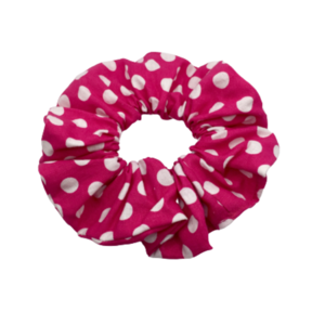 Υφασμάτινο λαστιχάκι scrunchie φούξια large polka dots μεσαίου μεγέθους (medium) - ύφασμα, πουά, για τα μαλλιά, λαστιχάκια μαλλιών