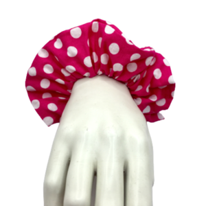 Υφασμάτινο λαστιχάκι scrunchie φούξια large polka dots μεσαίου μεγέθους (medium) - ύφασμα, πουά, για τα μαλλιά, λαστιχάκια μαλλιών - 3