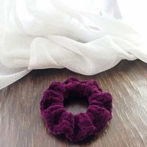 mini fluffy scrunchie μπορντό (βελούδινο) - νήμα, λαστιχάκια μαλλιών - 3