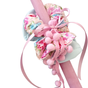 Πασχαλινή λαμπάδα ροζ με 2 scrunchies γαλάζιο σατέν και φλοράλ - κορίτσι, λαμπάδες, για ενήλικες, για εφήβους - 2