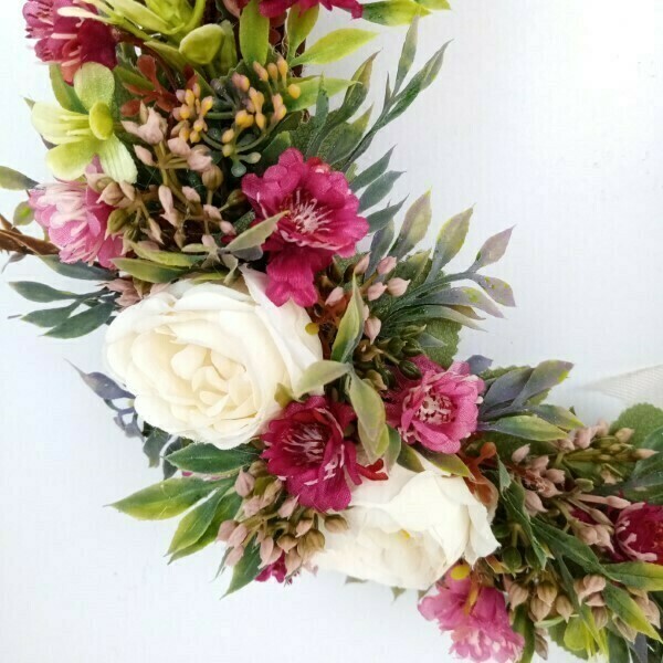 Ξύλινο στεφάνι καφέ με ροζ - ιβουάρ λουλούδια και λαγό - λουλούδια, διακοσμητικά, ζωάκια - 3