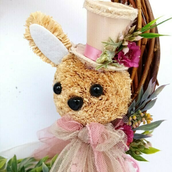 Ξύλινο στεφάνι καφέ με ροζ - ιβουάρ λουλούδια και λαγό - λουλούδια, διακοσμητικά, ζωάκια - 4