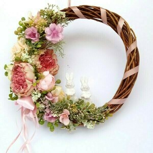 Ξύλινο στεφάνι με λουλούδια και λαγουδάκια - λουλούδια, διακοσμητικά, ζευγάρια, για ενήλικες, ζωάκια - 2