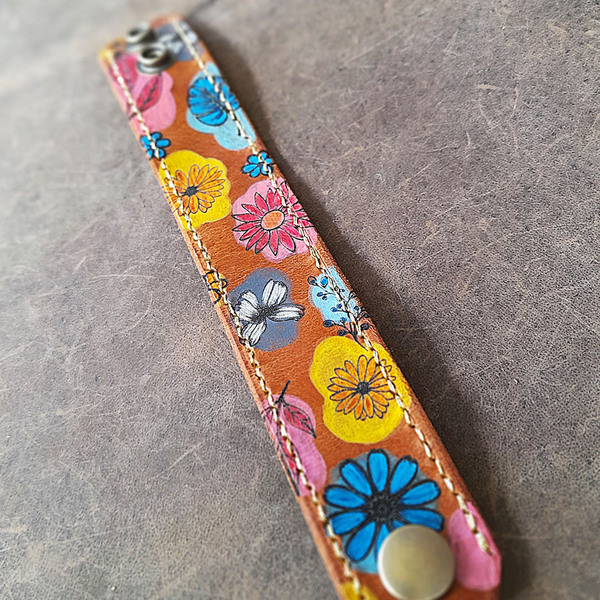 Γυναικείο Δερμάτινο Βραχιόλι Floral, 19Χ3 εκ - δέρμα, λουλούδι, boho, φαρδιά - 3