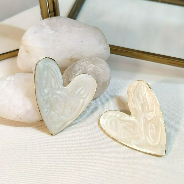 Καρφωτά Σκουλαρίκια Λευκές Καρδιές - καρδιά, καρφωτά, μεγάλα, zamak - 2