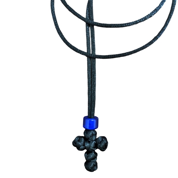 Σταυρός Λαιμού Μαύρος με Κόμπους και μπλε χάντρα - ύφασμα, σταυρός, μακραμέ