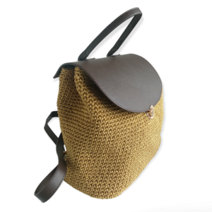 Χειροποίητη πλεκτή γυναικεία καθημερινή τσάντα πλάτης καφέ μουσταρδί -KA300 - νήμα, πλάτης, all day, δερματίνη, πλεκτές τσάντες - 2