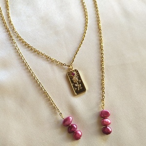 MAGENTA necklace| κολιέ με ζιργκόν και μαργαριτάρια - ημιπολύτιμες πέτρες, μαργαριτάρι, λουλούδι, ατσάλι, μενταγιόν