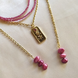 MAGENTA necklace| κολιέ με ζιργκόν και μαργαριτάρια - ημιπολύτιμες πέτρες, μαργαριτάρι, λουλούδι, ατσάλι, μενταγιόν - 5