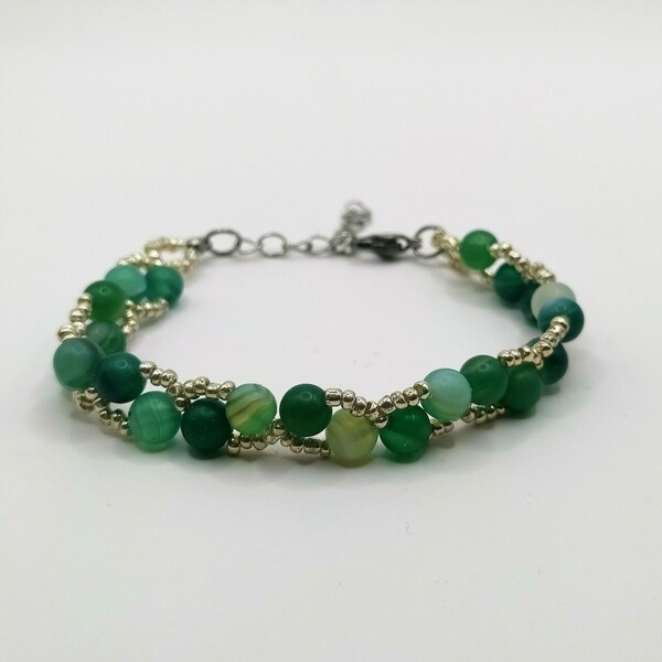 Green Matte Agate with Seed Beads Bracelet - χάντρες, boho, χεριού, αυξομειούμενα - 4