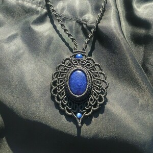 Blue Black Necklace - ημιπολύτιμες πέτρες, μακραμέ, μακριά, boho, μπλε χάντρα - 3