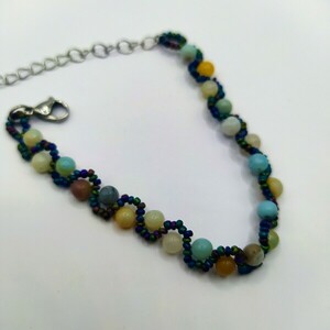 Amazonite with Seed Beads Bracelet - ημιπολύτιμες πέτρες, χάντρες, boho, χεριού, αυξομειούμενα - 3