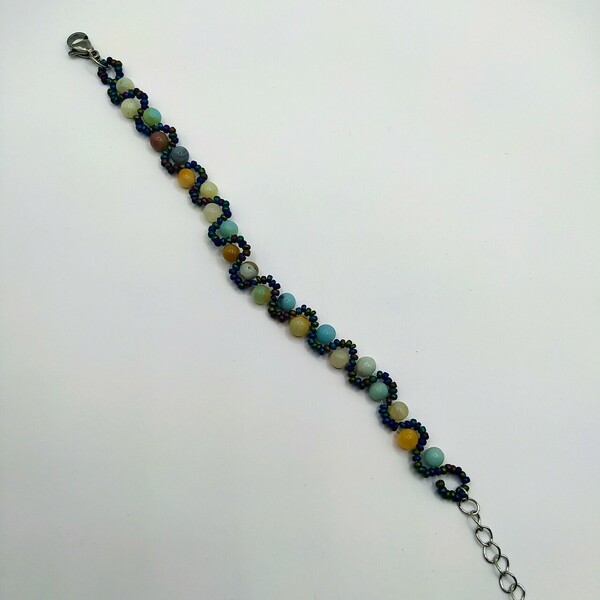 Amazonite with Seed Beads Bracelet - ημιπολύτιμες πέτρες, χάντρες, boho, χεριού, αυξομειούμενα - 4