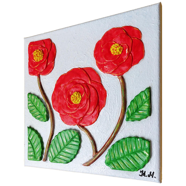 3D Πίνακας ζωγραφικής με λουλούδι Καμέλιας από πηλό 20x20cm - πίνακες & κάδρα, πίνακες ζωγραφικής - 2
