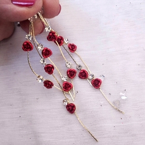 Κρεμαστά σκουλαρίκια με κοκκινα τριανταφυλλάκια - στρας, μακριά, λουλούδι, ατσάλι, κρεμαστά - 4