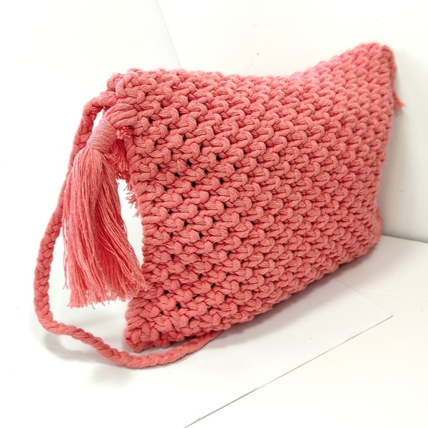 Τσάντα ροζ φάκελος μακραμέ - νήμα, all day, χειρός, πλεκτές τσάντες, μικρές - 3